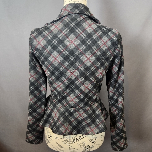 Plaid Zip-Up Jacket w/Ruffle Bottom Black and Red sz Small - Picture 3 of 7